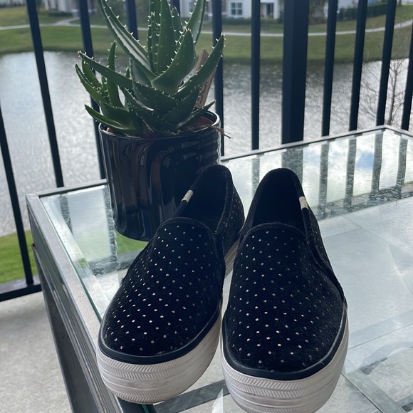 Kate Spade Fuzzy Black and Glitter Studded Keds Loafers - Picture 5 of 5